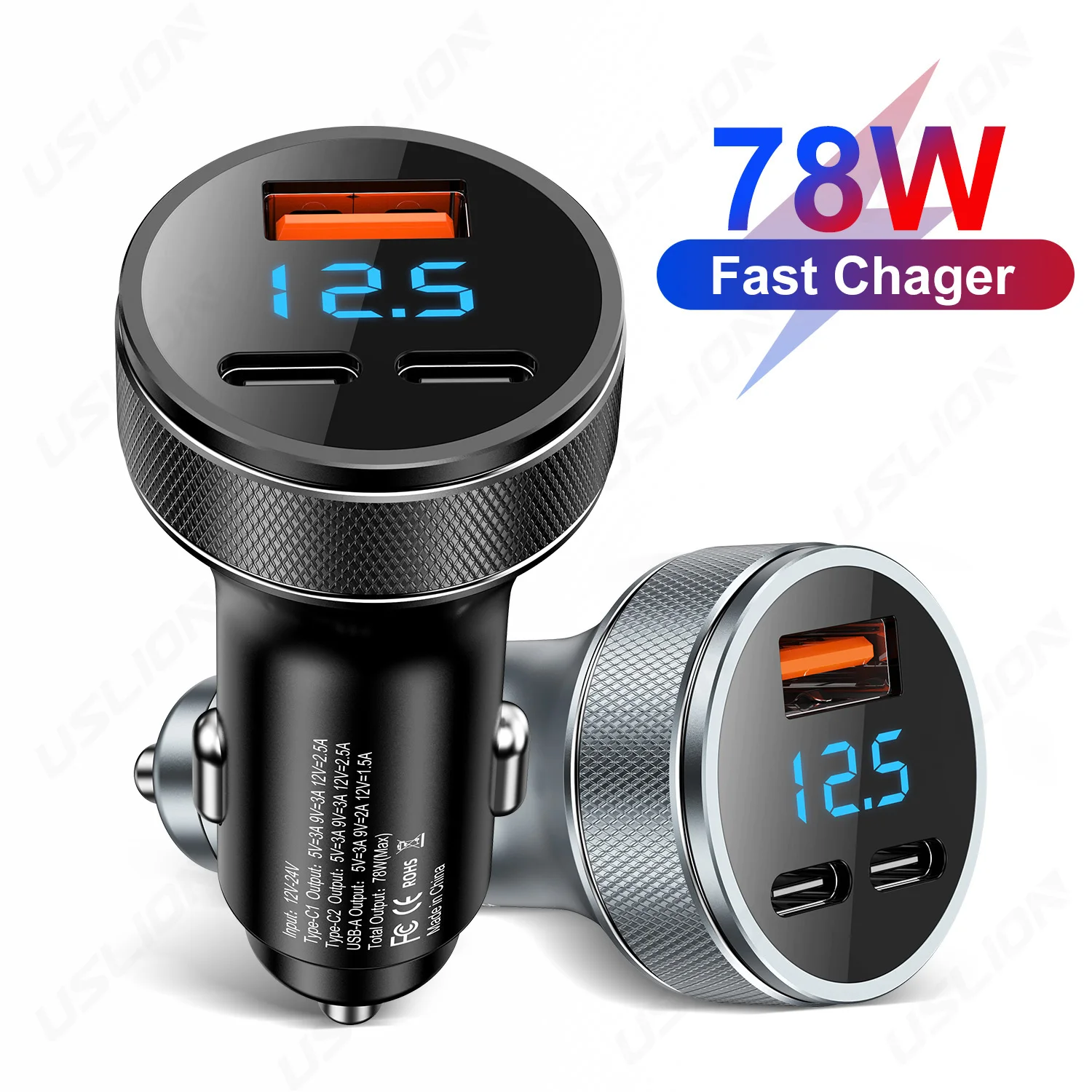 

78W Car Charger 3 Ports Dual PD 1 USB Type C Port Phone Charger Fast Charging For iPhone 14 13 11 Xiaomi Samsung Laptops Tablets