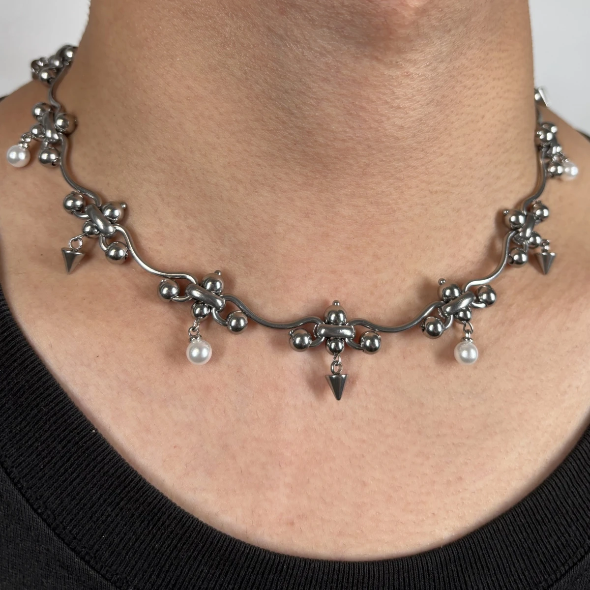 Punk Necklace Metal Chain Rivet Pearl Irregular Cool Hip-hop Unisex Necklace  Accessaries Choker for Women Men Jewelry