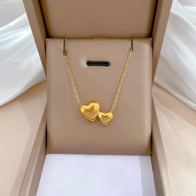 

Double Heart Gold Pendant Necklace for Women Titanium Steel Clavicle Chain Couple Lovers Anniversary Gift