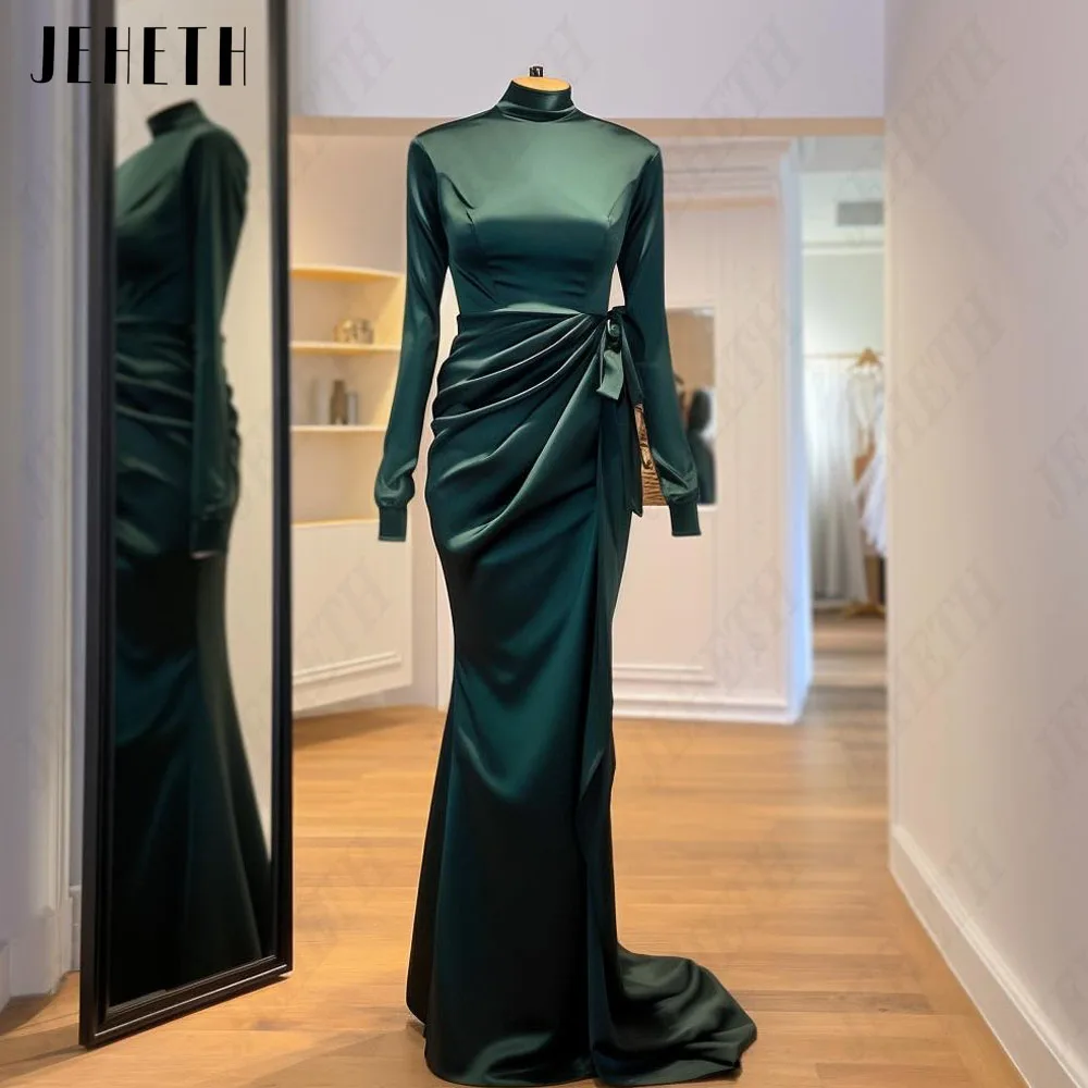 JEHETH Elegant Mermaid Long Sleeves Prom Dress Satin High Neck Real Photo Evening Gowns Sweep Train فساتين سهره فاخره 2024