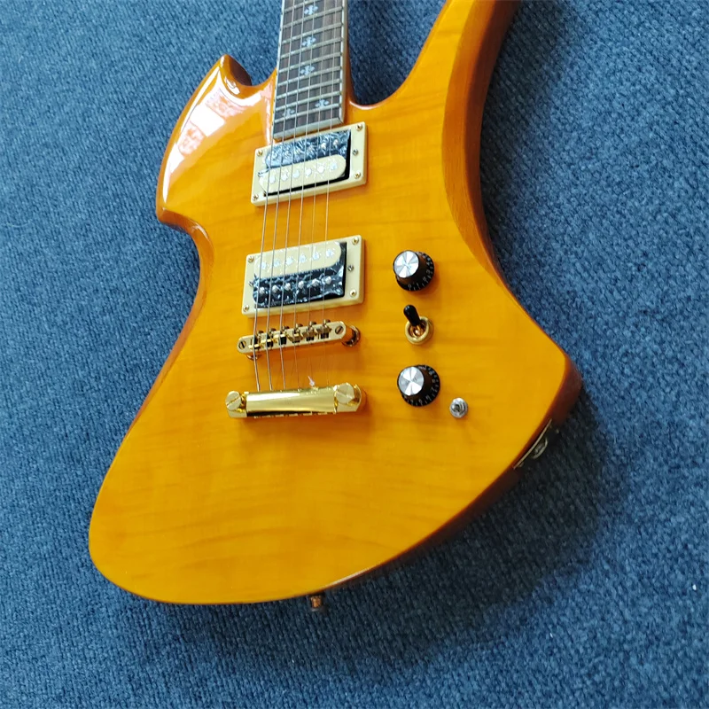 جيتار كهربائي مكون من 6 أوتار. طلاء أصفر لامع شفاف، رقبة مريحة، متوفر، شحن مجاني