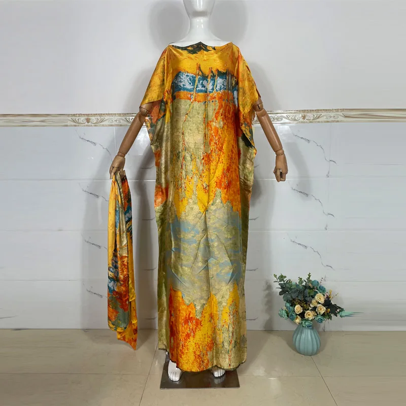 2023 silk kaftan Rayon Oversize African Women Clothing Dubai Dashiki Abaya Free Size Print Design With Scarf Loose Long Dress