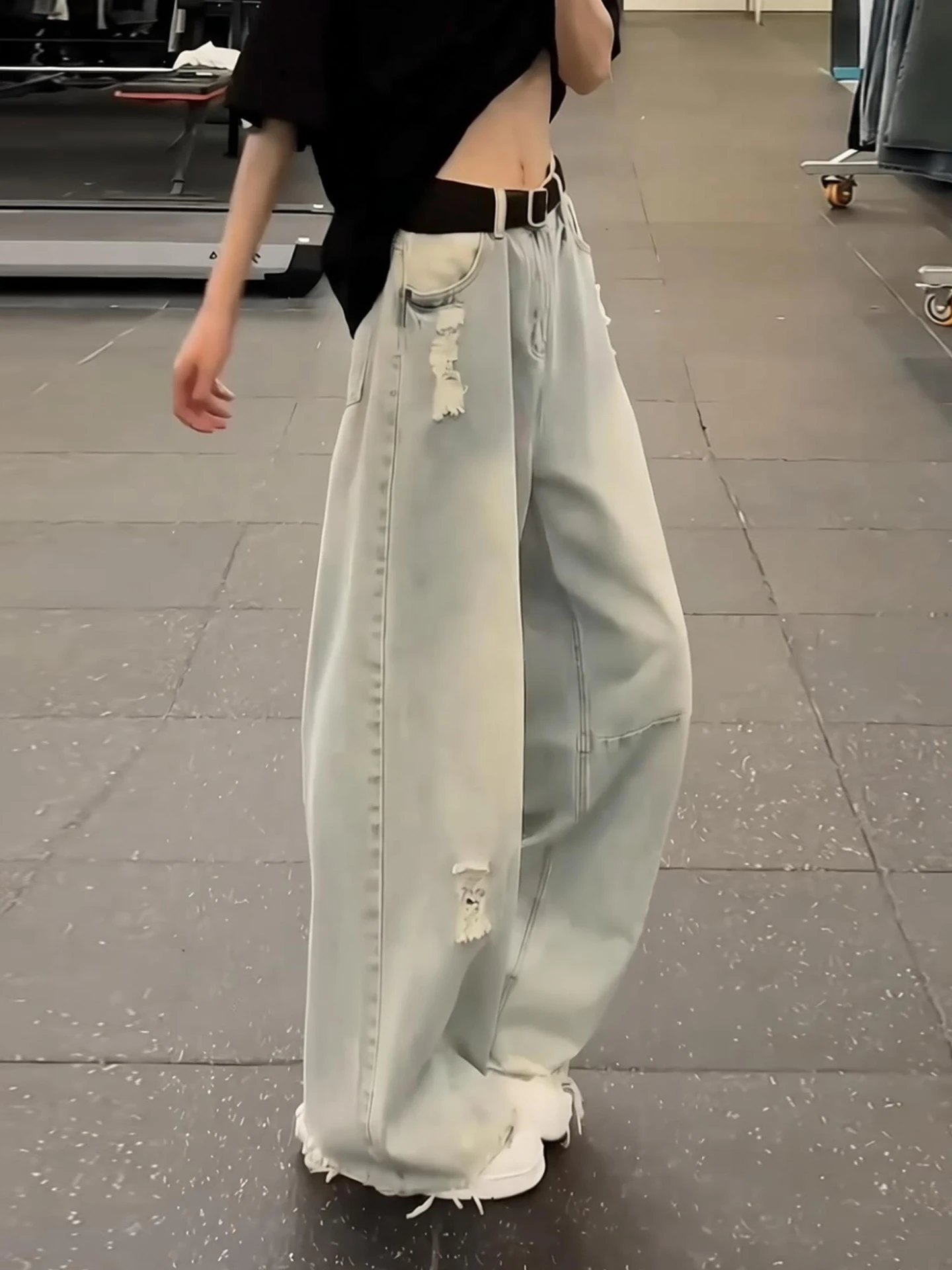 

Light Blue Ripped Denim Jeans Men's Spring American High Street Loose Wide Leg Pants Knife Flared Straight Cut Trousers