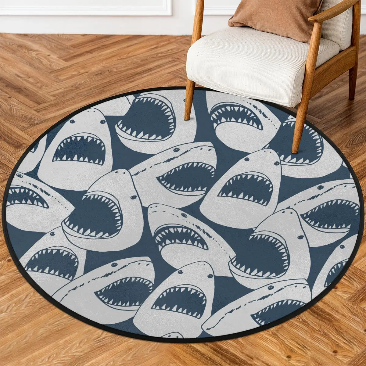 Ocean Animal Shark Patterns Round Rug,Washable Soft Circular Floor Mat, Non Slip Low Pile Area Rugs for Kids Bedroom Bathroom