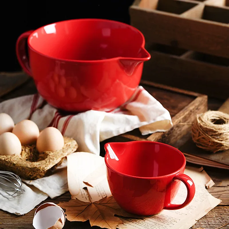Ceramic Egg Beater Bowl Kitchen Household Pointed Cup with Handle Baking and Mixing Bowl Batter Bowl with Baking Utensils