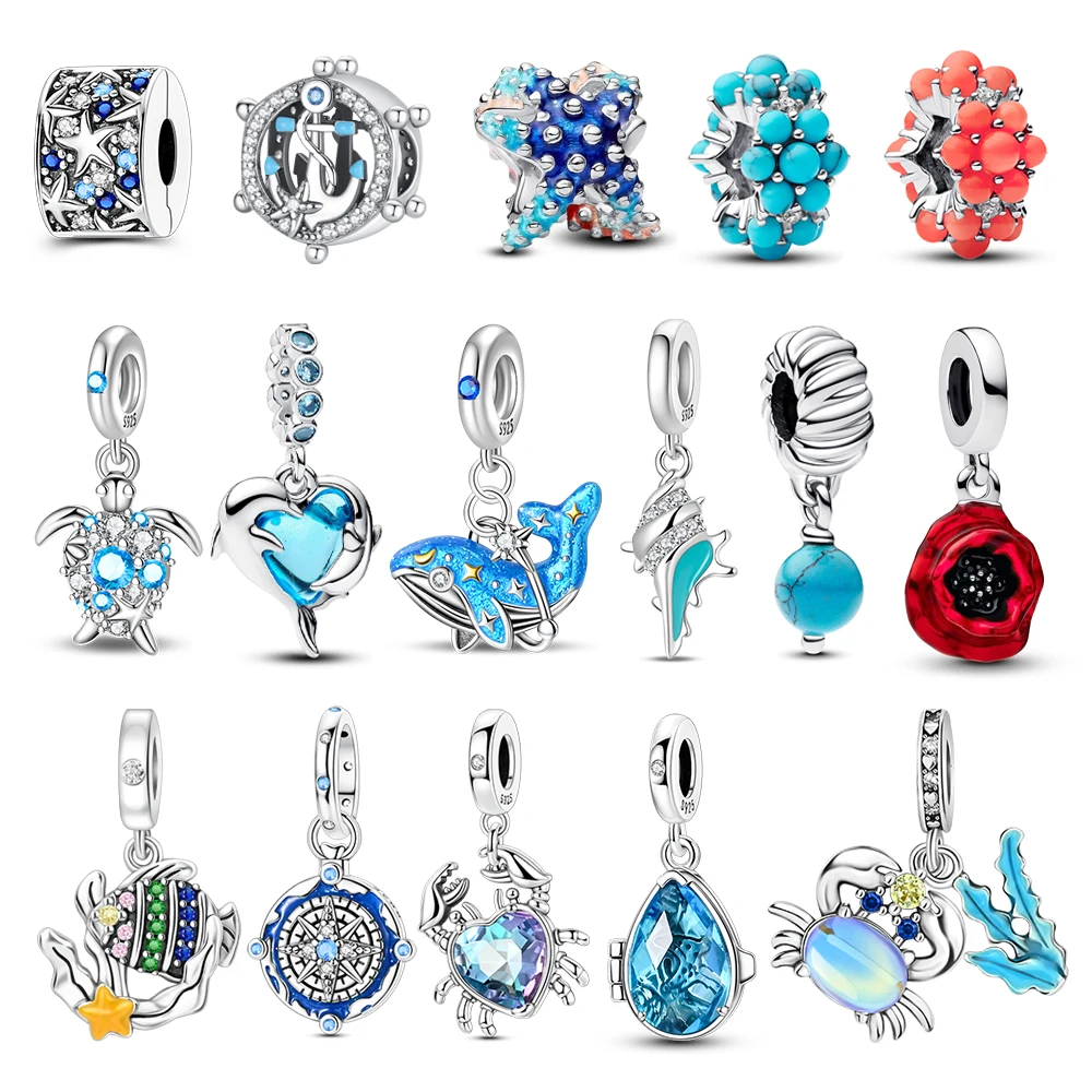 High Quality 925 Sterling Silver Blue Crab Conch Coral Whale Charm Fit DIY Bracelet Necklace Boutique Matching Jewelry Gifts