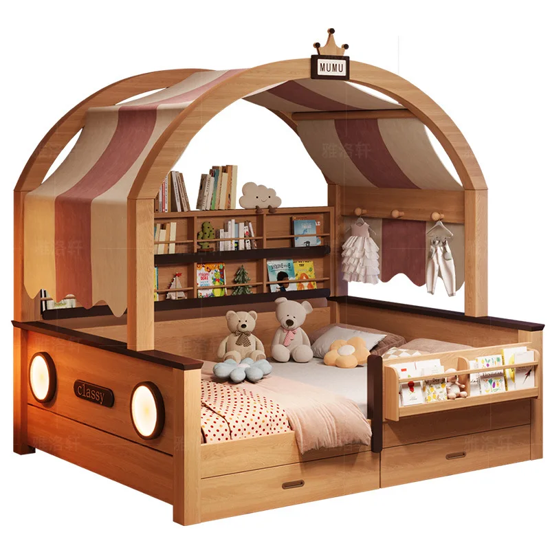 Log color children's tree house  integrated small apartment household tatami space saving tent bed with guardrail boys and girls