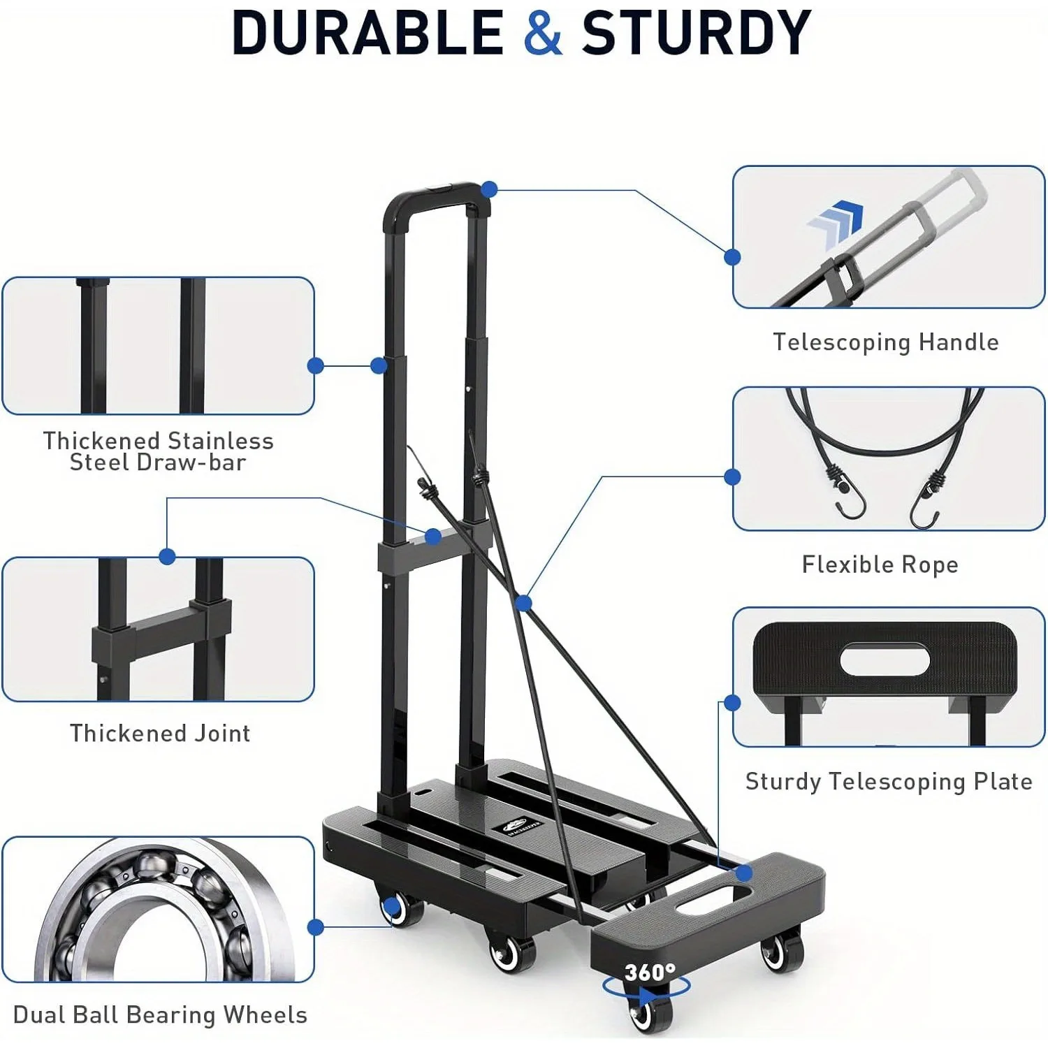 Heavy Duty Folding Hand Truck - 6-Wheel Stair Climber with Double Ball Bearings, Thick Steel Frame and Telescopic Handle