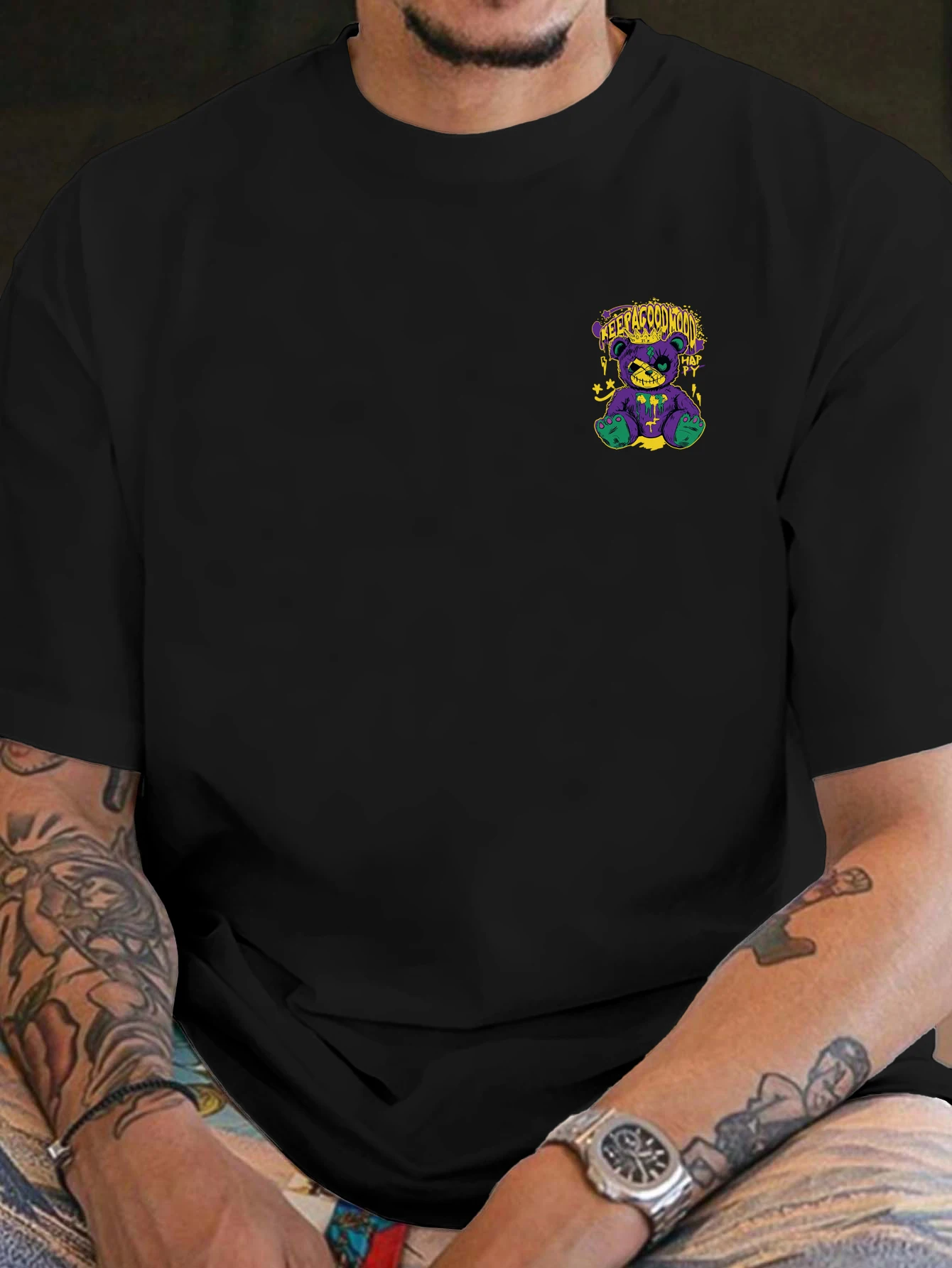 Men's Graffiti Teddy Bear Graphic Print T-shirt Oversized 100% Polyester Streetwear Short Sleeve Tops S-XXL