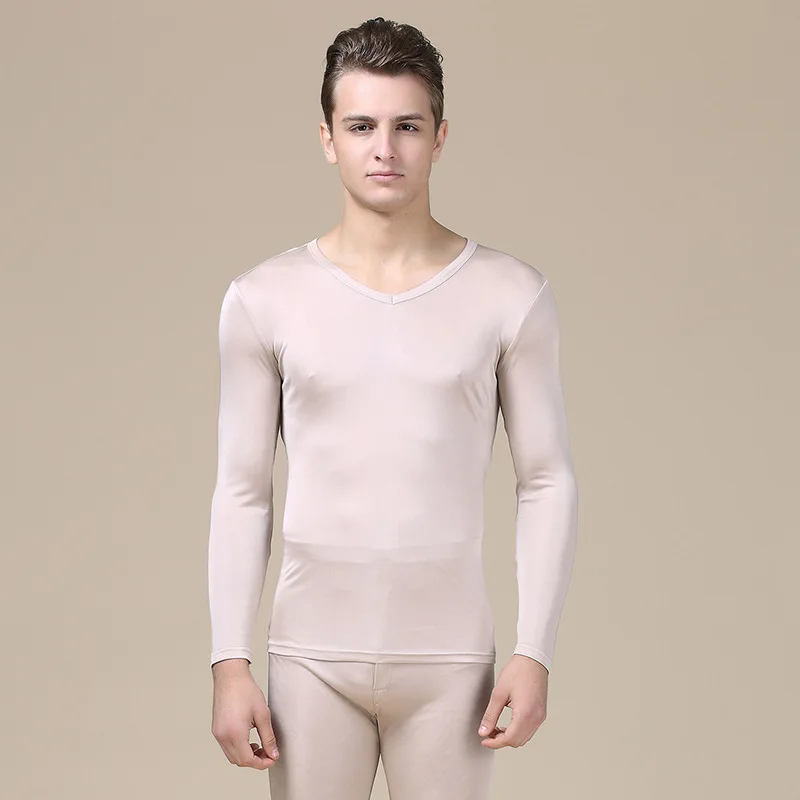 Men\'s solid V-neck silk double knitted thermal underwear set autumn clothes and pants 9805