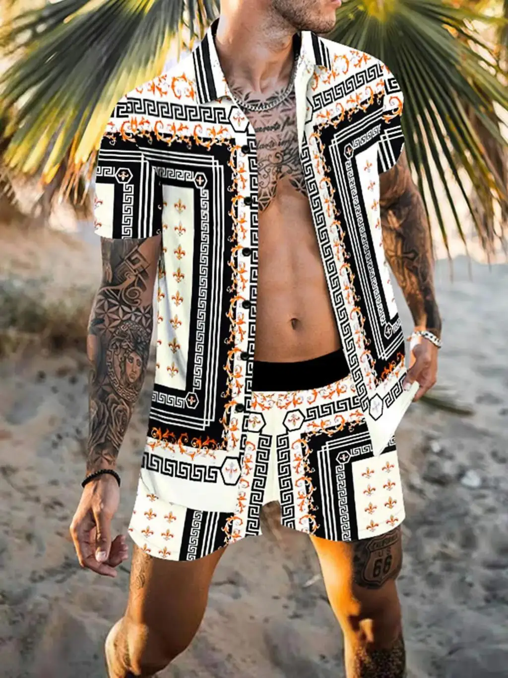 Vintage Flower Men Shirts Sets Summer Golden Horse Print Beach Short Sleeve Shirt Shorts Casual Trip Mens Hawaiian 2 Piece Suits