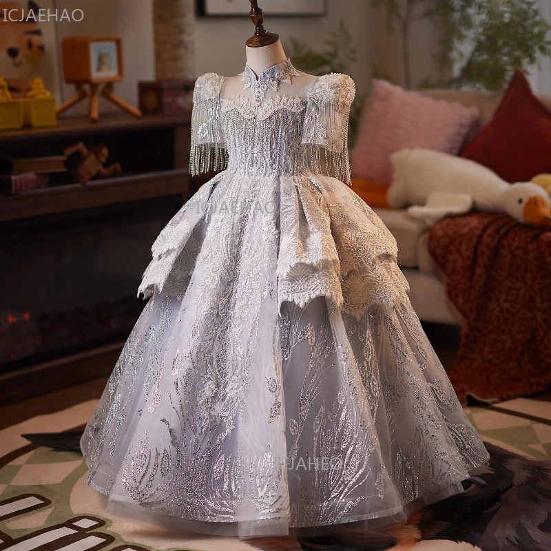 2026 Girls Host Dress Children Pageant Wedding Kids Party Gown Piano Performance Outfit Formal Party Attire Celebration Costume