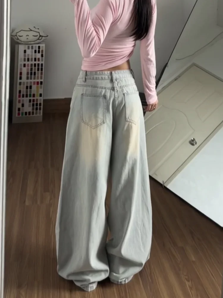 Sweet Cool Spicy Girl American Style Pink Hole Denim Jeans Women Summer Design Loose Slim Straight Leg Wide Leg Long Pants
