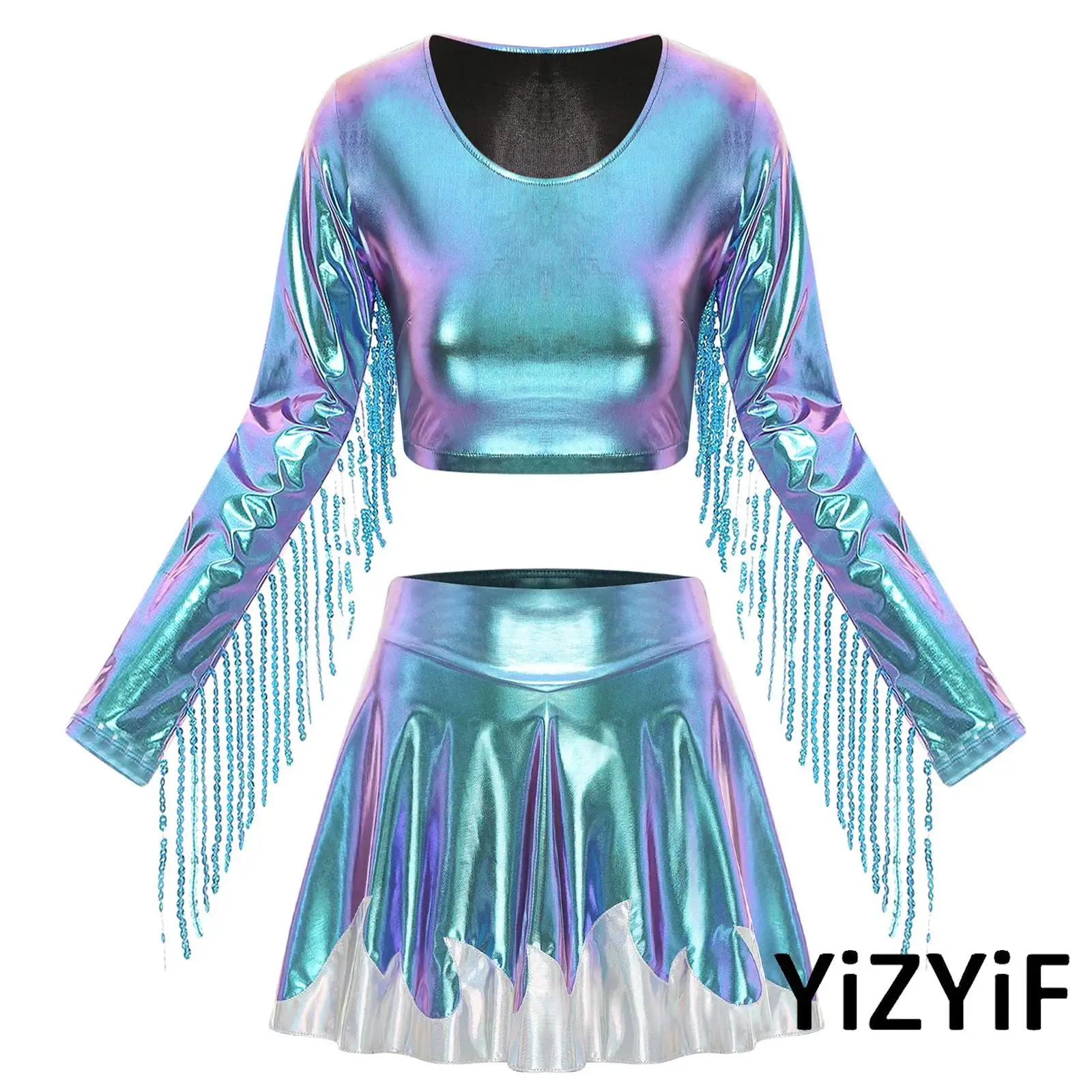 

Raves Party Womens Metallc Shiny Faux Leather Club Costume Tassel Crop Tops Contrast Color Pleated Mini Skirt for Pole Dance Bar
