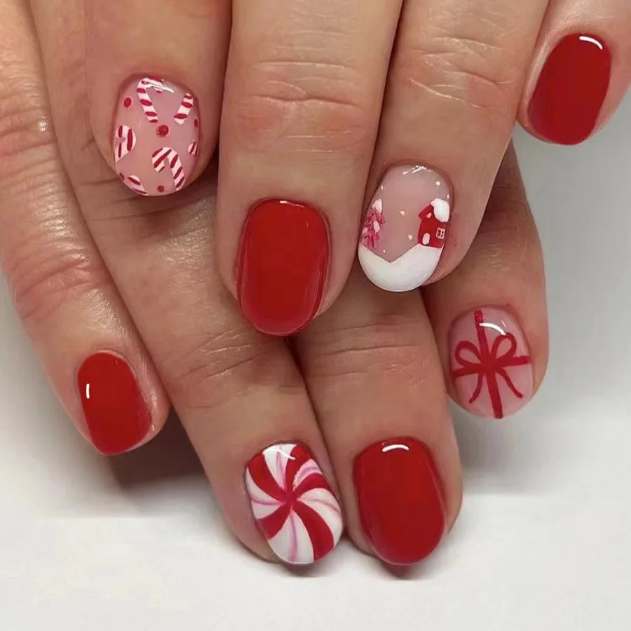 

24Pcs Short Press on Nail Christmas Red Ribbon Butterfly Candy Cane Fake Nail for Women&Girl Detachable Wearable Nail Art