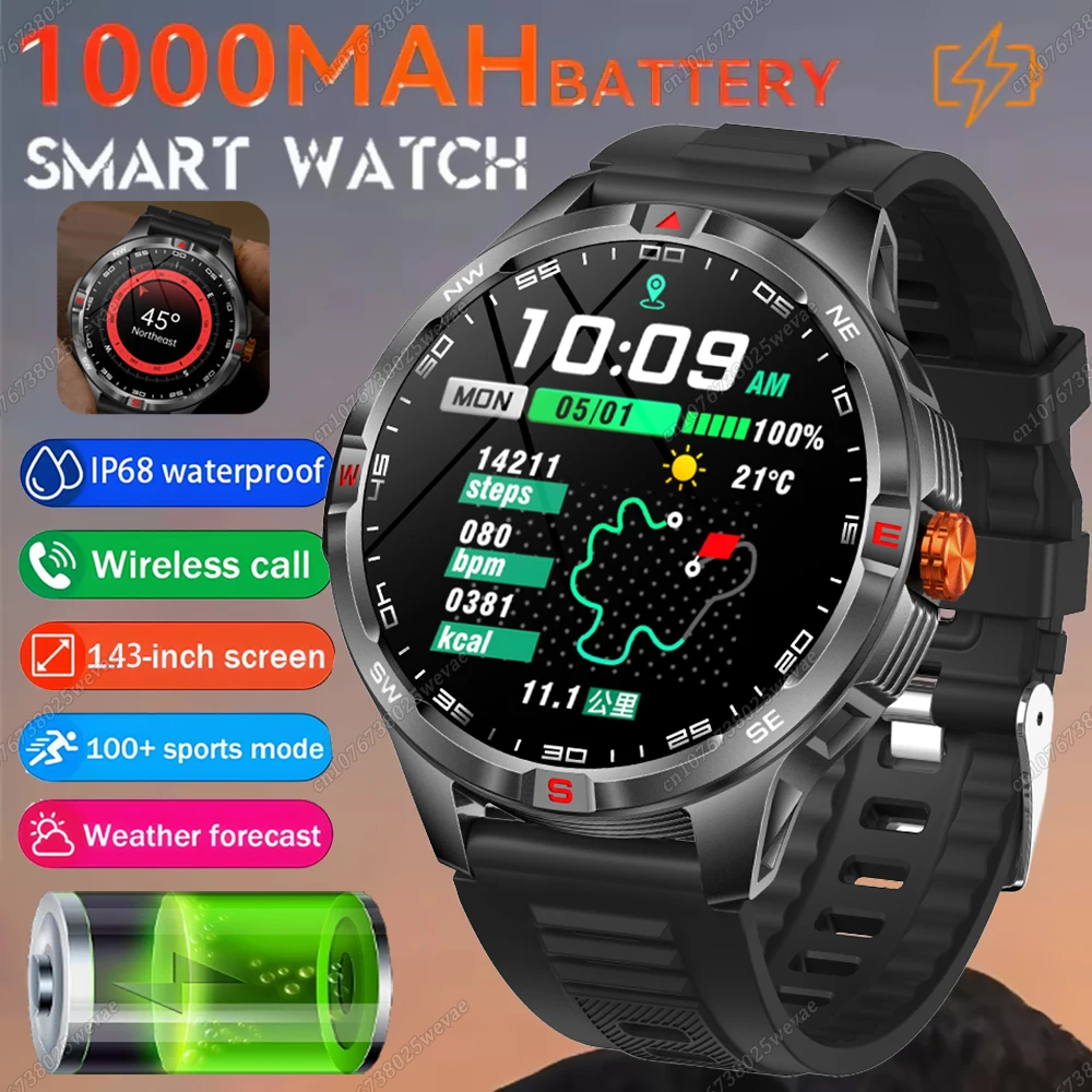 

New Men's Smart Watch Bluetooth Call 1100mAh Battery 1.46 inch screen watch GPS Track Compass Waterproof Sports tracker Watches