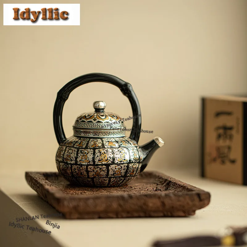 150ml Dunhuang Gilt Silver Lifting Handle Teapot Luxury Tea Infuser Pot Tea Soaking Kettle With Ball Hole Oolong Tea Tea Items