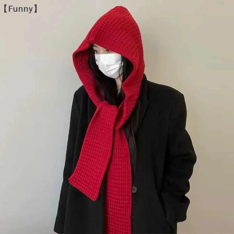 〔Lucu〕Syal Terpadu Hangat untuk Musim Gugur dan Musim Dingin, Topi Selendang Berkerudung, Syal Rajut Serbaguna, Topi Wol