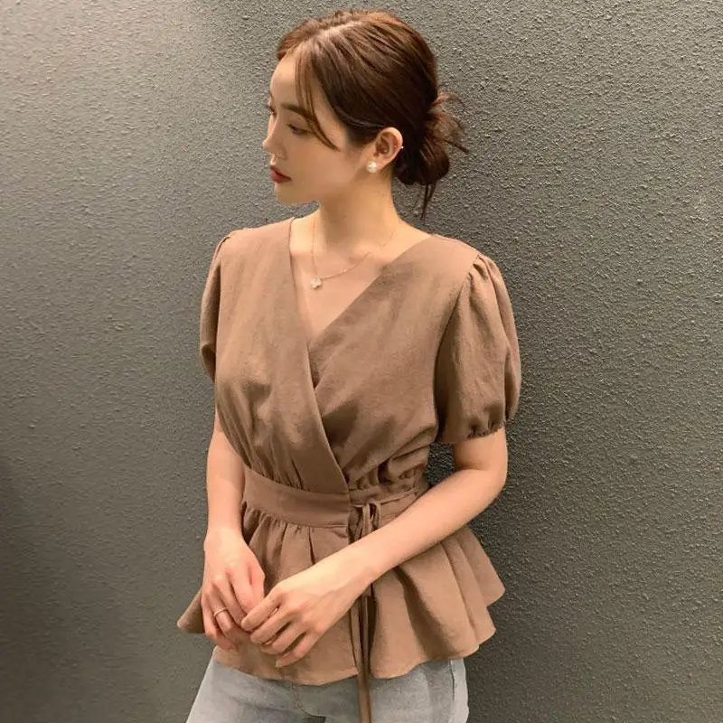 Korean Chic Summer Retro Versatile Cross V-neck Lace-up Waist Slimming Puff Sleeves Ruffle Shirt Top