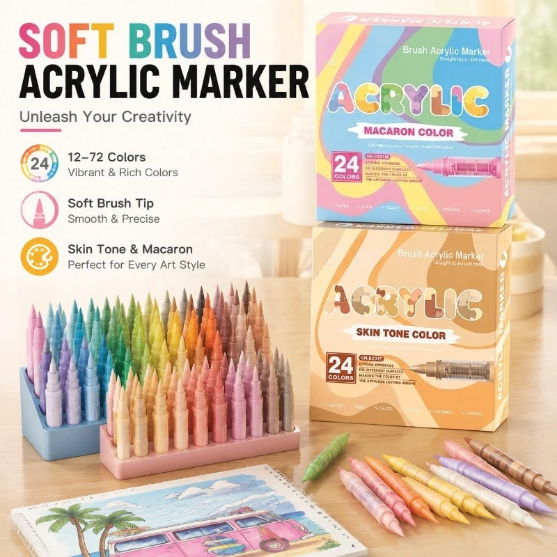 Soft Brush Acrylic Marker Pen Set, Skin Tone & Macaron Colors, DIY Drawing Art Markers for Craft