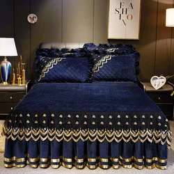 Dark Blue Luxury Lace Winter Bedspread Thick Home Bed Skirt-style Bed Sheets Embroidery Cotton European-style Bed Spreads