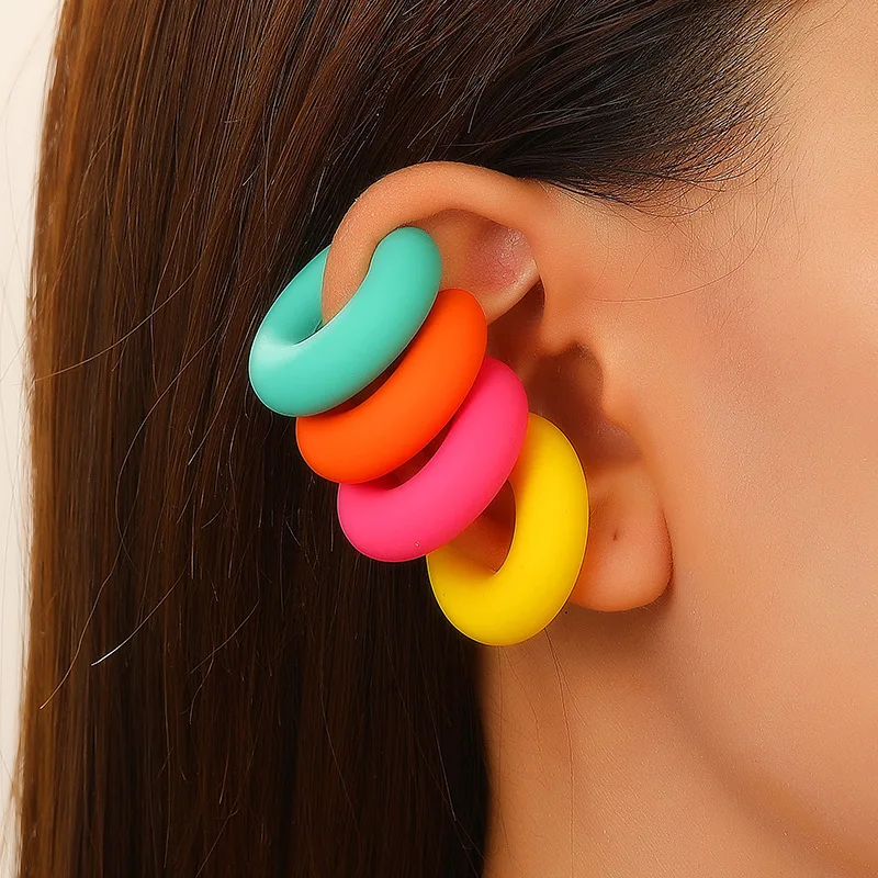 New Exaggerated Colorful Candy Geometry Round C-shaped Opening Punch-Free Ear Clip For Women Men Party Travel Jewels Accessories