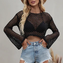 Women Wool Knitwear Solid Color Mesh Round-Neck Long Sleeve Knitted Pullover Tops For Ladies 5 Colors Beachwear Bikini Cover Up