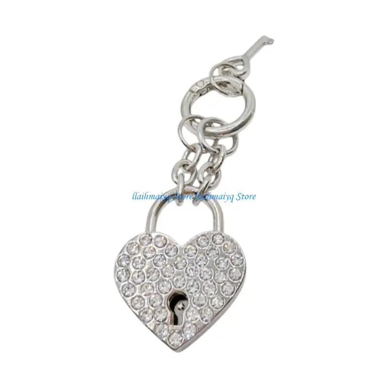 573B Elegant Rhinestones Heart Lock Keychain Alloy Spring Design For Keys Or Bags