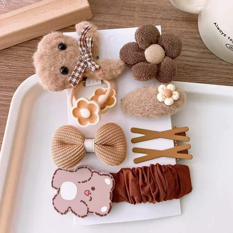 Korean 10pcs  Lovely Children Hair Clip Hair Band for Toddler Girls Retro Coffee Color Hairpin Hair Rope Kawaii Kids Headwear