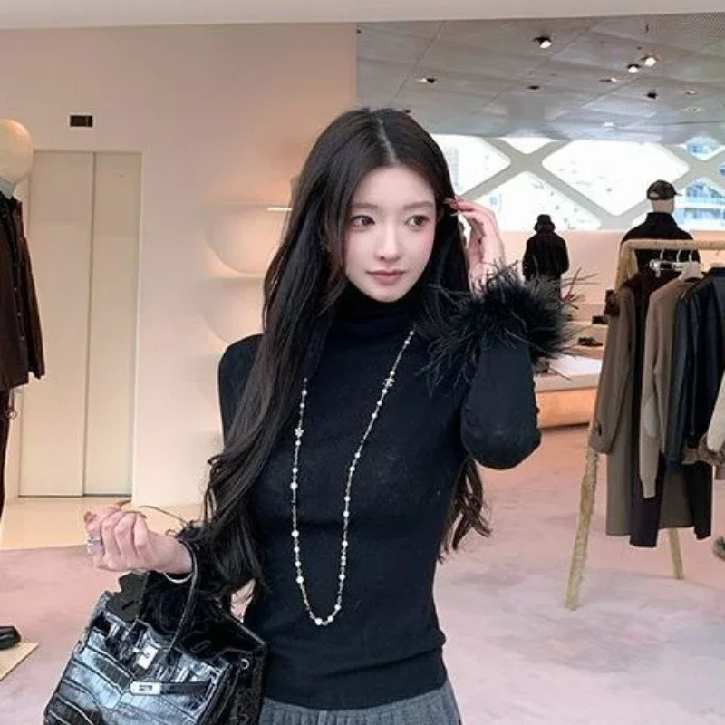 French Eleant Sweet High Neck Spliced Fur Long Sleeve Basic Shirts Autumn Winter Simple All Match Punk Clothes Y2k Lazy Tops