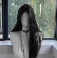 Peluca negra para mujer, diadema de pelo largo y liso, peluca con malla frontal, temperamento de Cosplay para uso diario, pelucas sintéticas negras Lolita