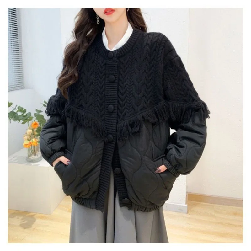 2024 New Fashion Tassel Spliced Knitted Cardigan Coat Women Autumn Winter Loose Lazy Style Sweater Jacket Female