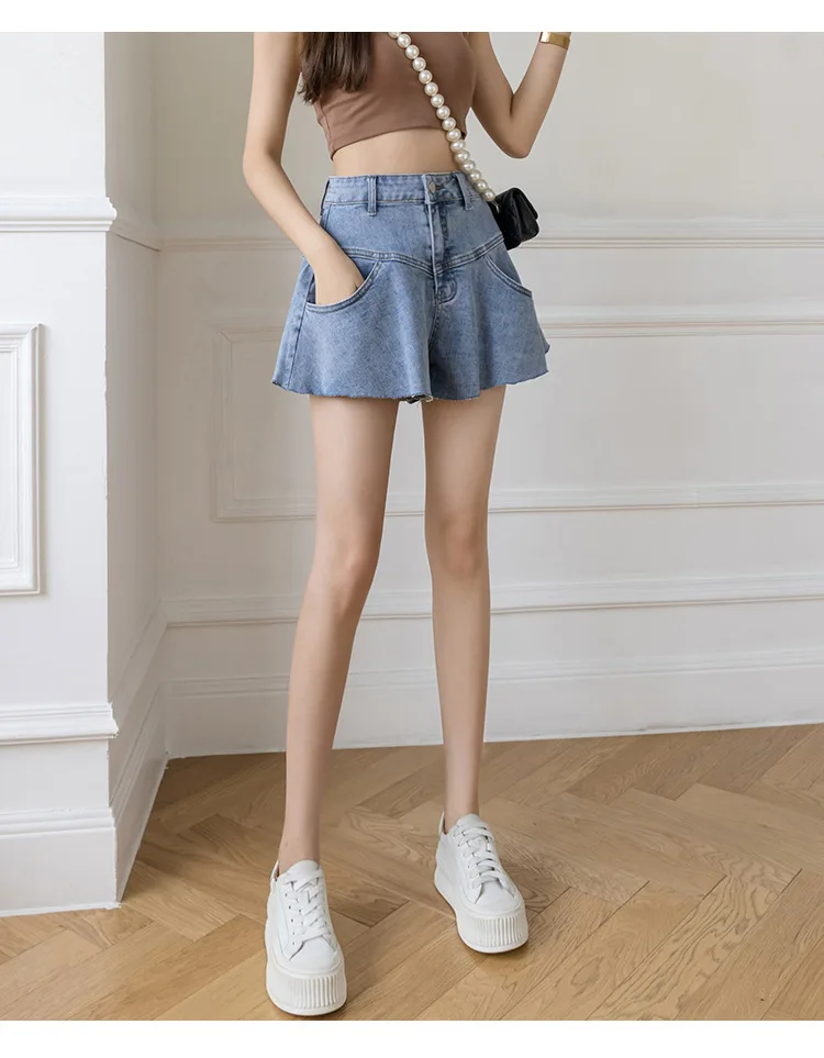 2022 Summer New All-Match Flared Hakama Wide-leg Ruffled Denim Shorts Hot Pants Umbrella Pants Women Large size 5XL