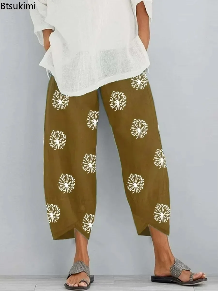 2026 Women's Casual Cotton Linen Loose Harem Pants High Waist Wide Leg Trousers Female Harajuku Printed Baggy Pants Oversized