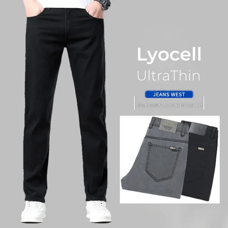 

Pop Summer Lyocell Ultra-thin Jeans Men Straight Stretch Breathable Denim Pants Fashion Business Casual Male Trousers Black Gray