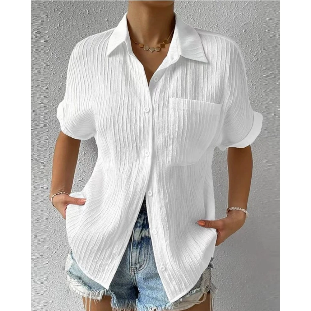 

2024 New Fashion Summer Women's Short Sleeve Pocket Design Ribbed White Tops Turn-down Collar Blouse Solid T-Shirts Casual Tees