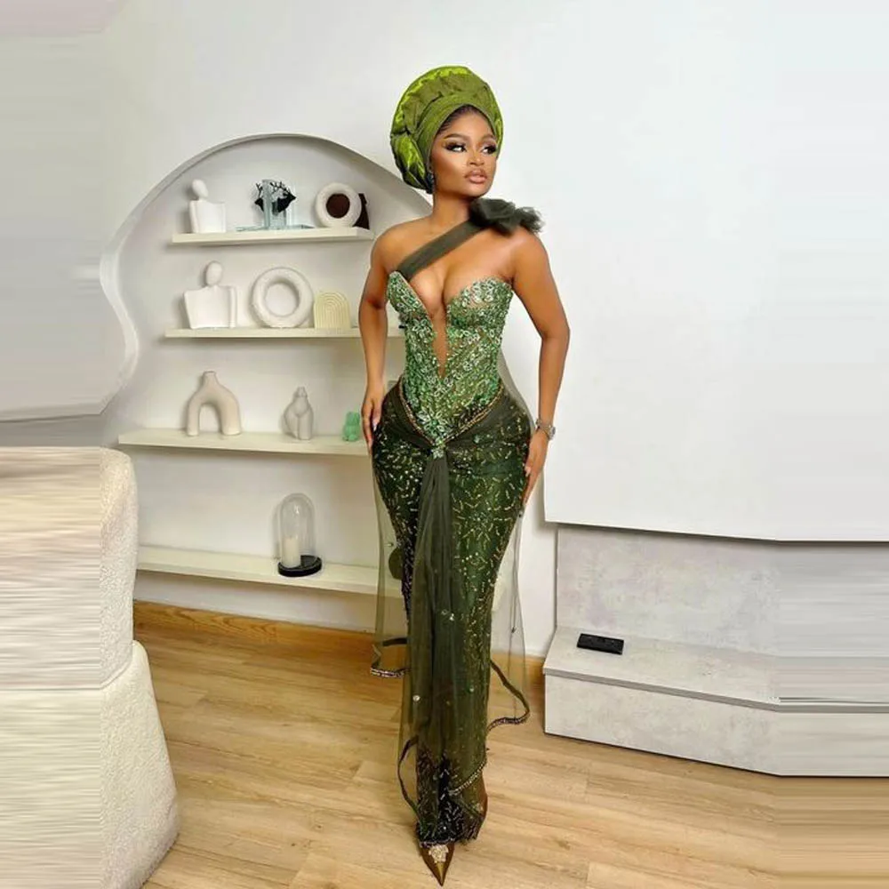 African Women Formal Party Gowns Sweetheart One Shoulder Appliques Sexy Women Evening Dress Plus Size Sexy Prom Dress