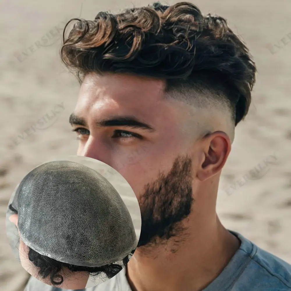 

Brown Black Natural Curly 28mm Men's Toupee Human Hair Super Durable Managable Full Thin Skin HD PU Capillary Prosthesis System