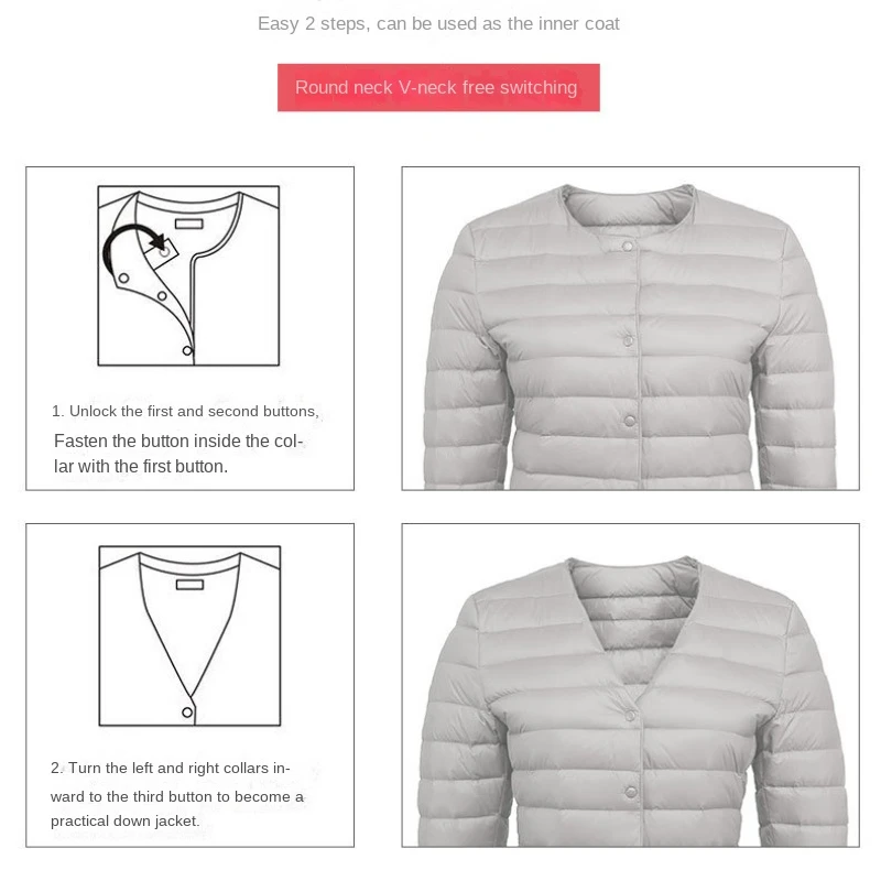 ライトダウンコート女性ライナーダックダウンジャケット O ネック可変 V ネック新しい女性の冬のノーカラー超軽量キルティングフグコート