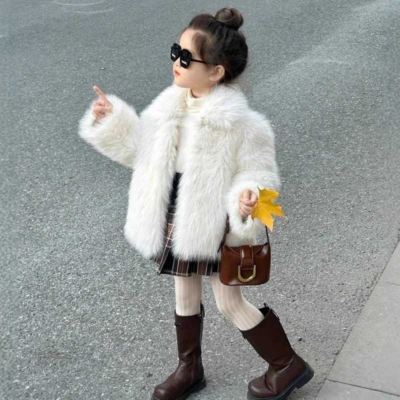 2025 New Winter Girls' Imitation Fox Fur Solid Color Regular Style Warm and Thick Collar Jacket
