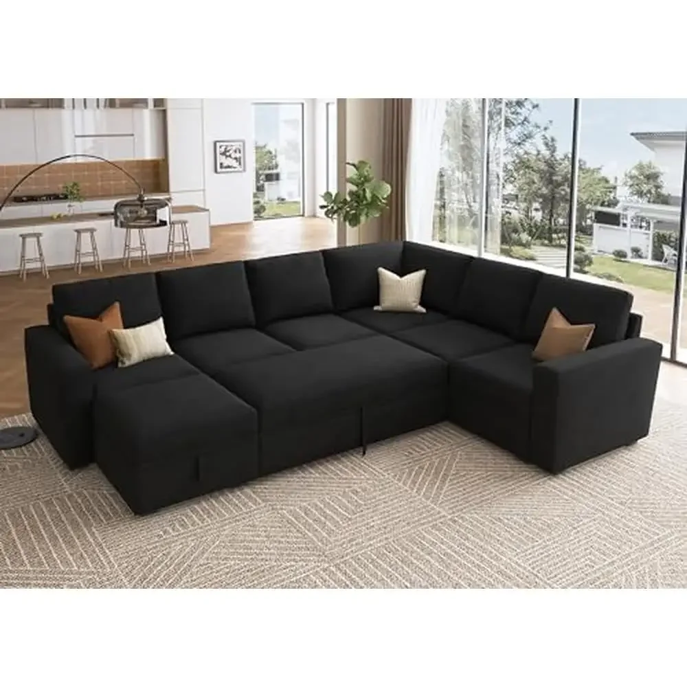 U-Shaped Sleeper Sectional Sofa Pull-Out Bed Storage Ottoman 7-Seater Modular Couch Velvet Fabric Wood Frame