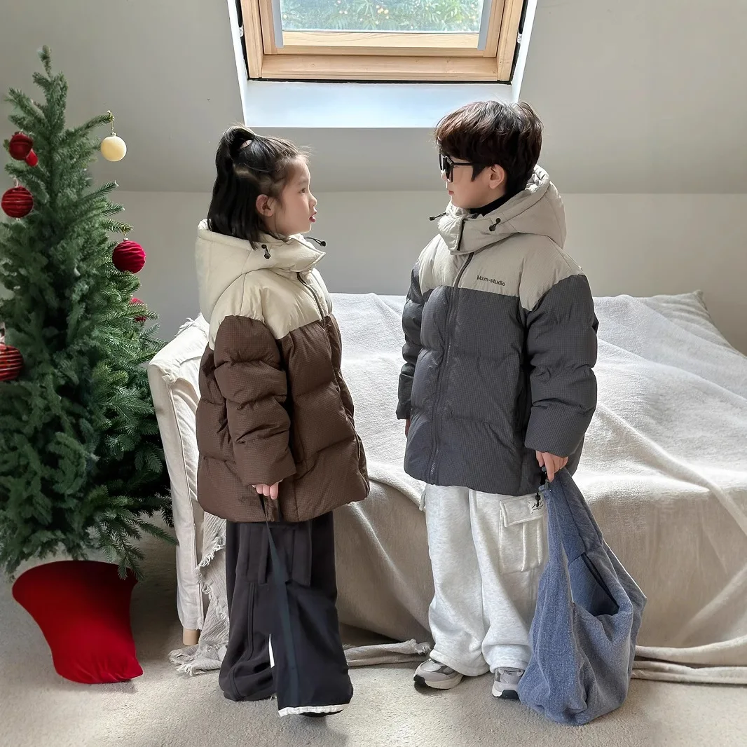 

Down jacket 2025 winter boys and girls Korean version hooded thickened short down jacket children's loose warm bread jacket