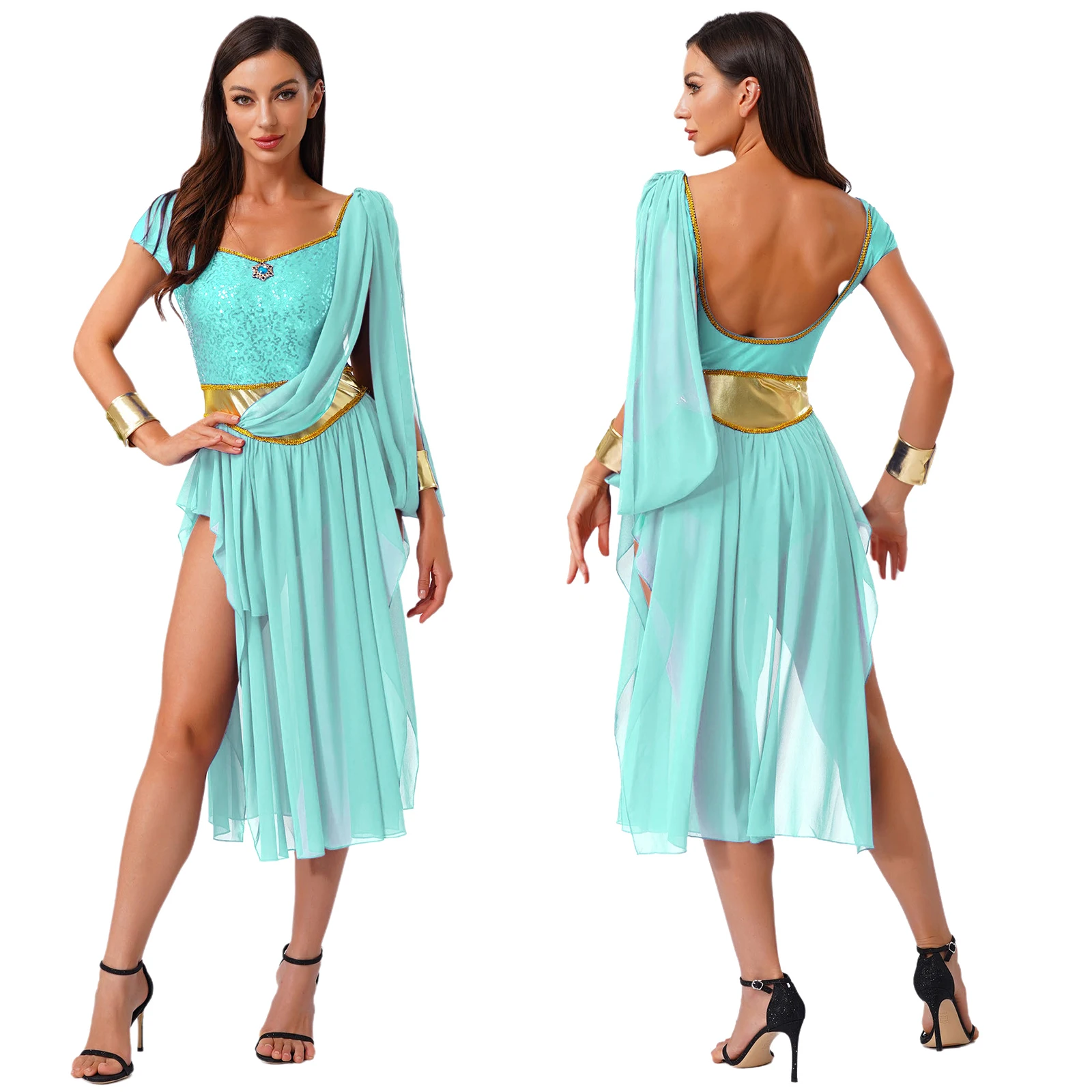 

Women Ancient Greek Toga Goddesses Costumes Party Halloween Sleeveless One Shoulder Toga Greece Roman Queen Cosplay Dress