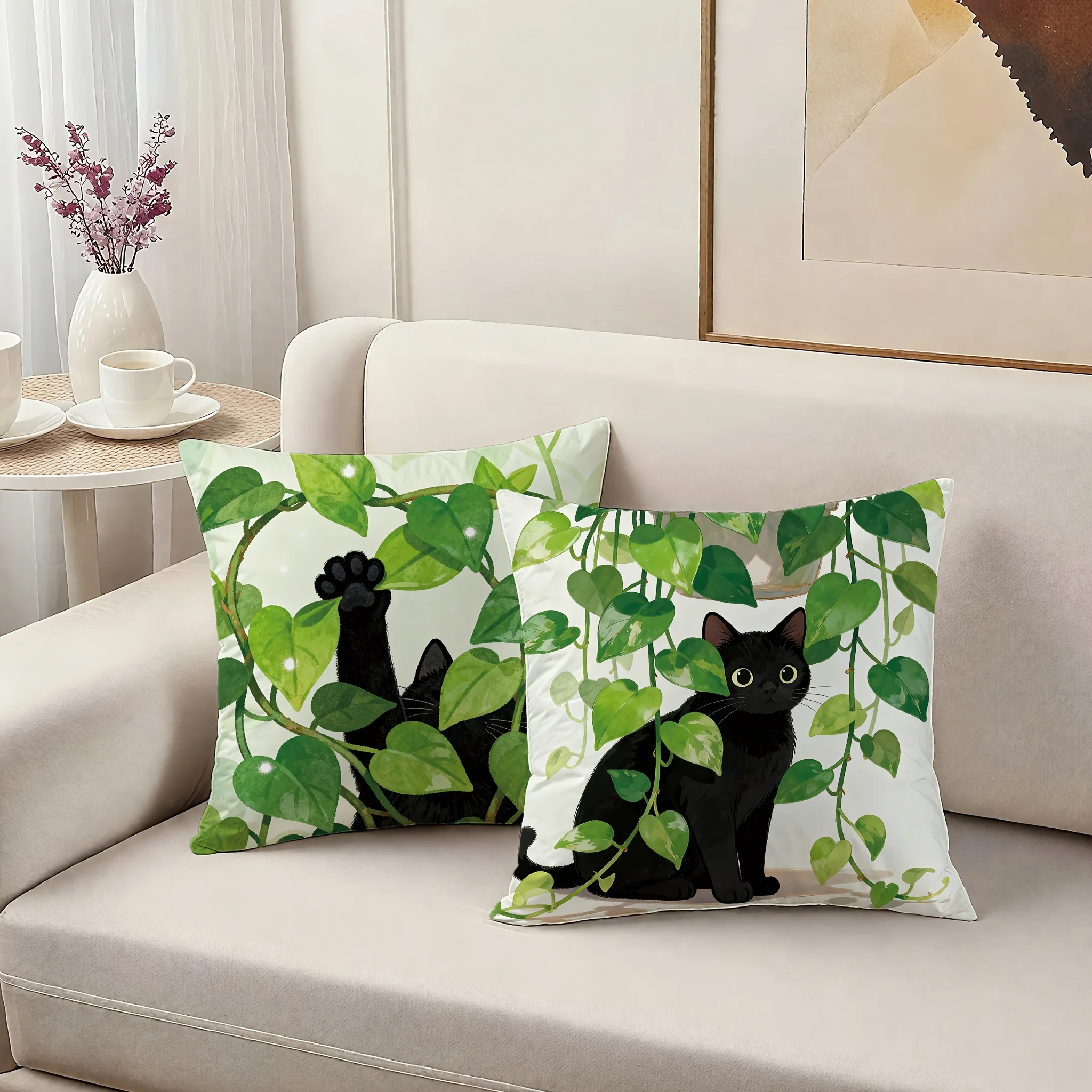 4Pcs Black Cat Pillow Covers 45x45cm Double-sided Printed Cushion Cases Green Plant Leaves Home Decor Throw Pillows No Insert