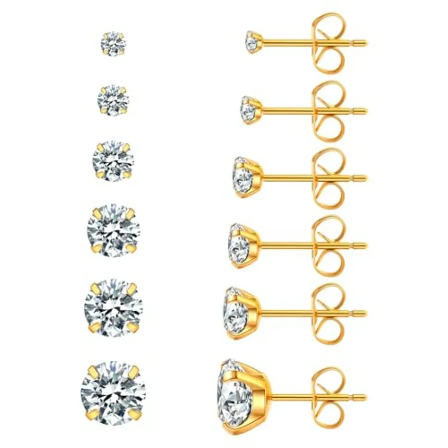 

6 Pairs Stud Earrings Set, Hypoallergenic Cubic Zirconia 316L Earrings Stainless Steel CZ Earrings 3-8mm Steel color