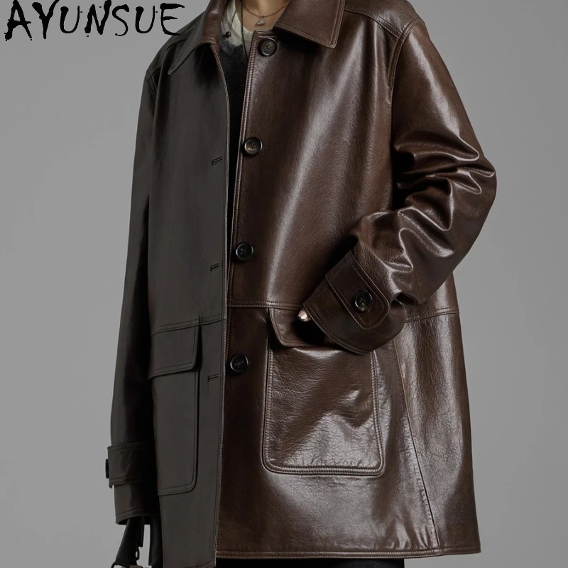 AYUNSUE Wysokiej Jakości Kurtka Damska z Prawdziwej Skóry Owczej 2025 Płaszcze Damskie Wiosenne Jesienne Ubrania Płaszcz Trencz Średniej Długości