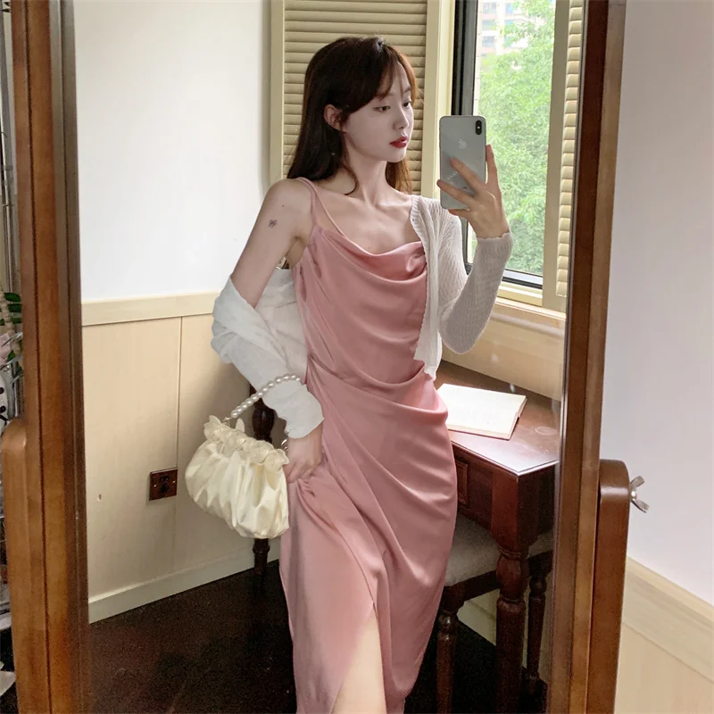 Backness Sexy Satin Pink Evening Party Dress 2022 Summer Spaghetti V Neck A Line Folds Party Midi Long Split Dresses For Women