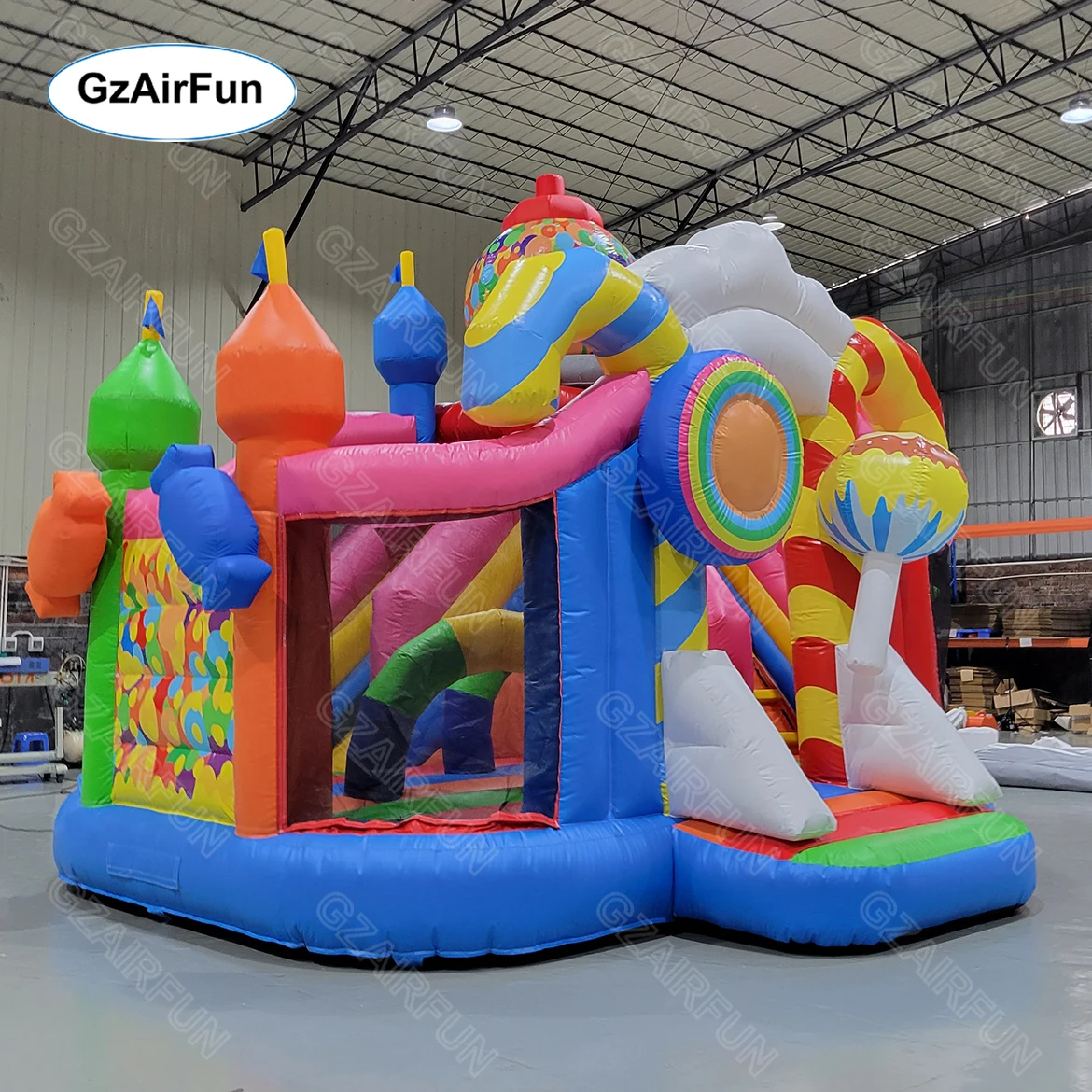

Customized Commercial Outdoor Castle Kids Playground Obstacle Race Colorful Candy Inflatable Bounce Slide Combo