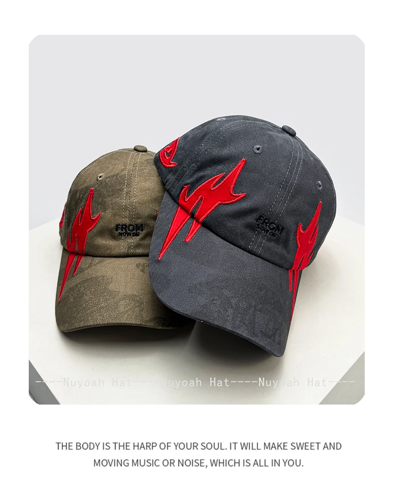 Neue Herren- und Damen-Baseballkappen im American-Street-Stil mit Flammen-Buchstaben-Stickerei, Sonnenschutz, Retro, vielseitig, individuelle Schirmmützen, modisch – Detail 5