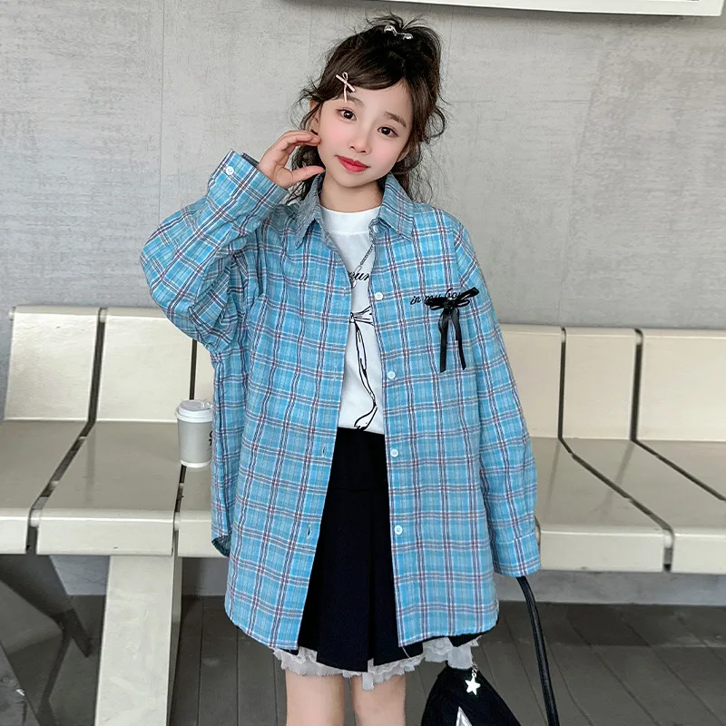 

Korean Children Girls T-shirt Autumn Bowknot Plaid Long Sleeves Teenager Girls Top Turn Down Collar Single-breasted Kid Girl Tee